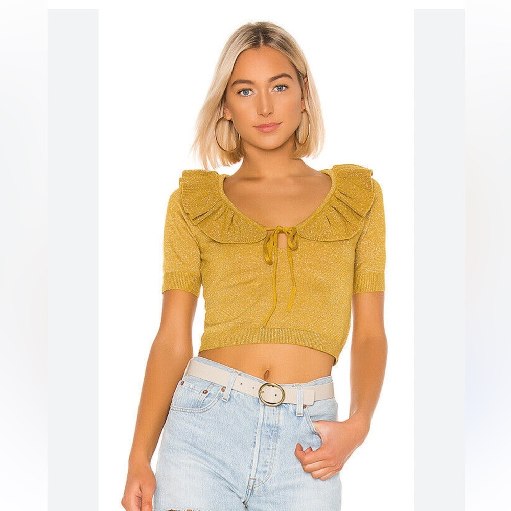 Lovers + Friends crop wool blend sweater w/neck ruffle/tie . Mustard yellow M